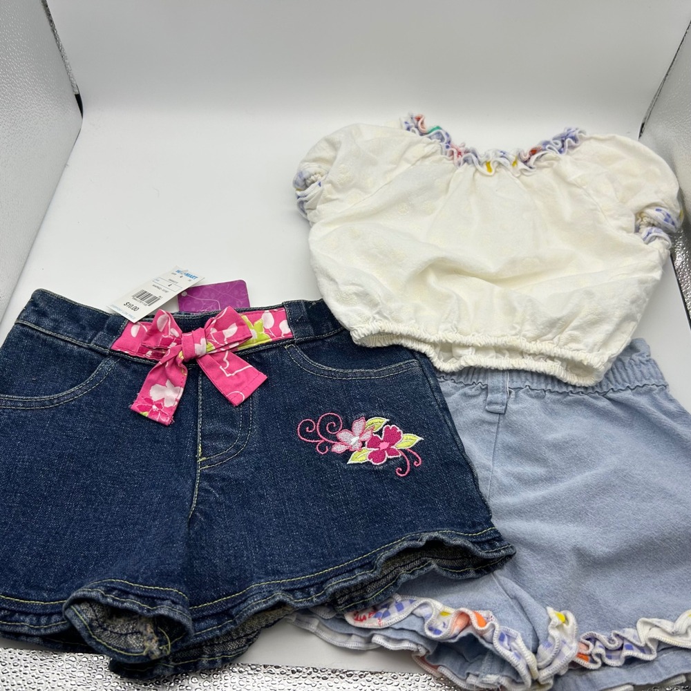 Disney Princess Girls Denim Shorts and Top Set Size 3/4 Blue‎ White Floral Bow